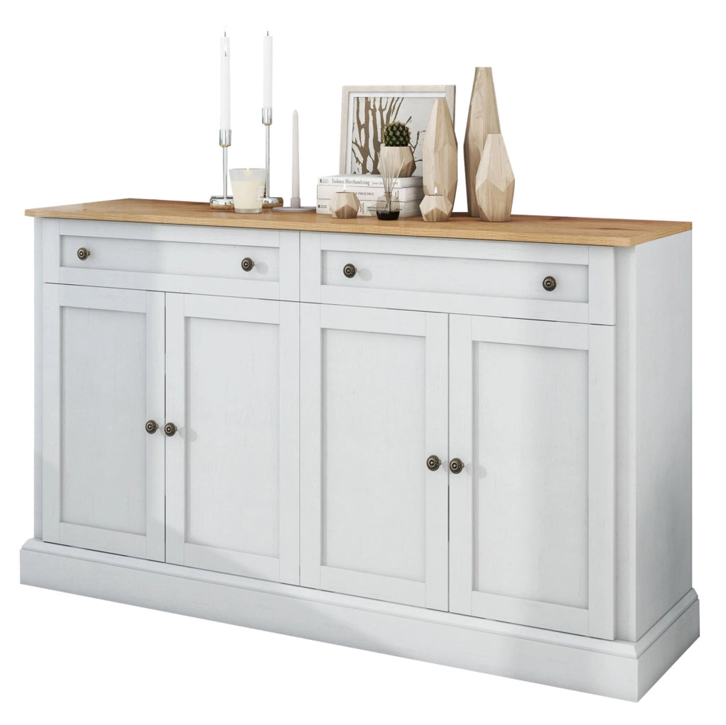 Madia 150x40x86 cm con 4 ante e 2 cassetti; bianco e colore naturale