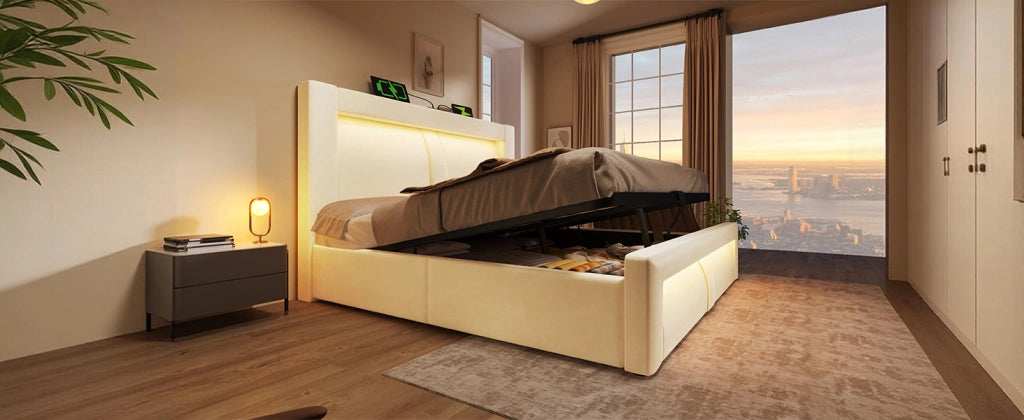 DESMIU Letto Matrimoniale 180 × 200 cm con contenitore, LED, USB, Type-C, senza materasso, in velluto, beige