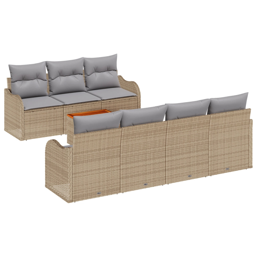 Set Divano da Giardino 8 Pezzi con Cuscini Beige Polyrattan Acacia