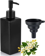 Dispensatore di sapone in vetro nero - 350ML Dispensatore quadrato di sapone set - Dispensatore di sapone per lavastoviglie - Dispensatore di sapone per mano per cucina - con piatto da lavare - Etichette idrorepellenti per bagno - Piano di lavoro - Cucina