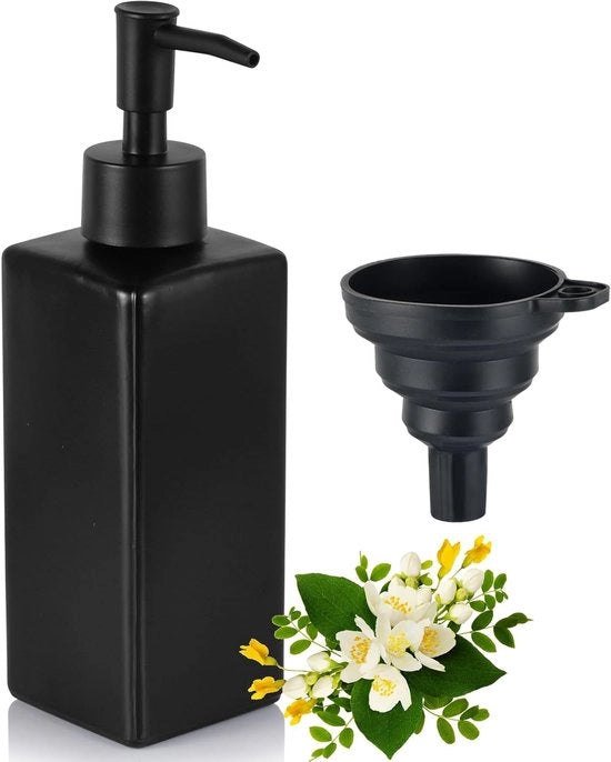 Dispensatore di sapone in vetro nero - 350ML Dispensatore quadrato di sapone set - Dispensatore di sapone per lavastoviglie - Dispensatore di sapone per mano per cucina - con piatto da lavare - Etichette idrorepellenti per bagno - Piano di lavoro - Cucina
