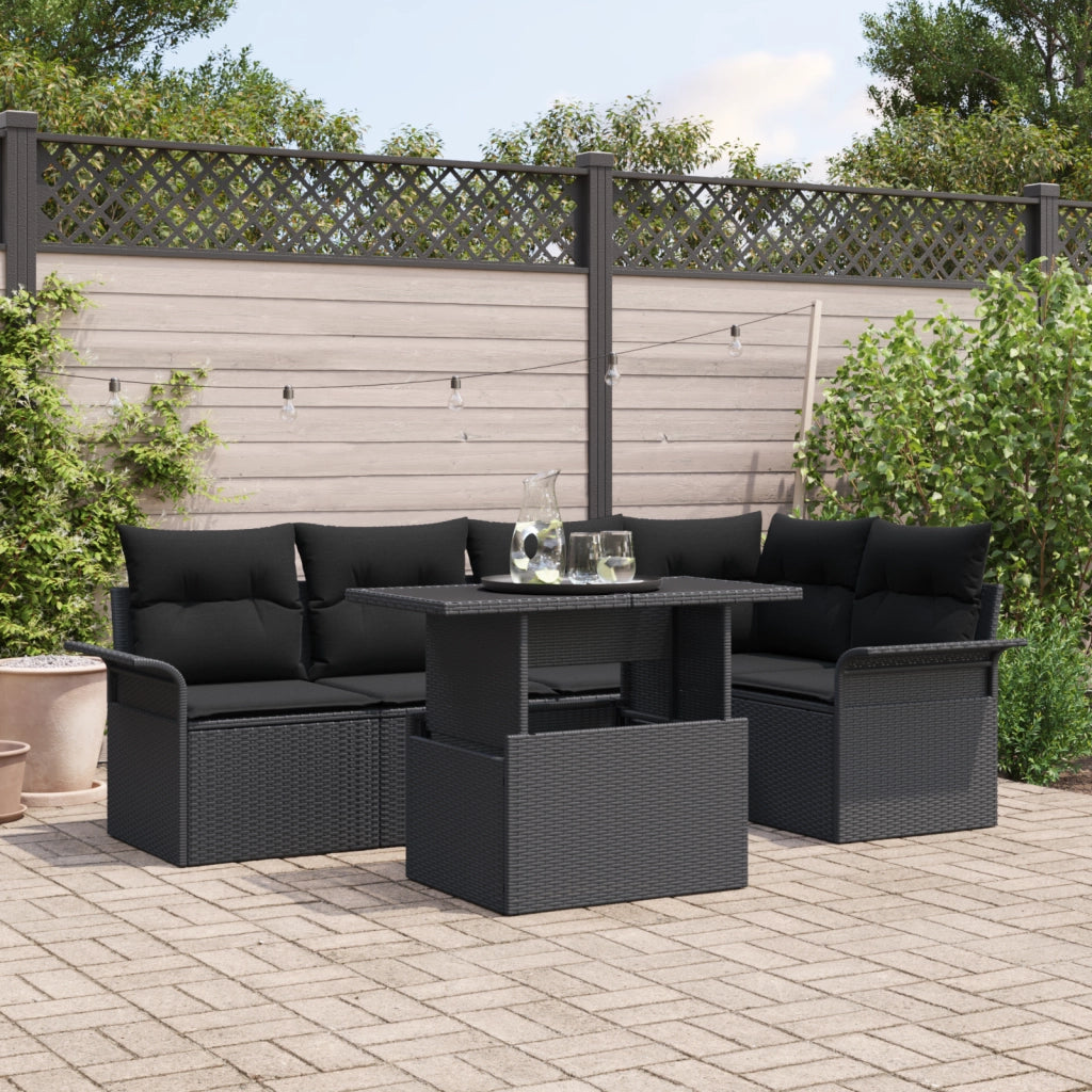 Set Divano da Giardino 6 Pezzi con Cuscini Nero Polyrattan