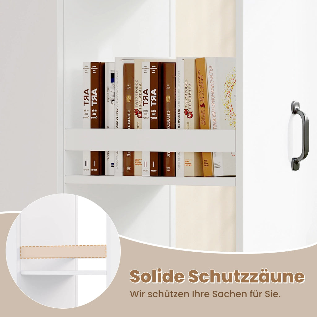 Libreria stretta con ruote e box protettivi; sponde di sicurezza in MDF bianca per libri A4 40 × 30 × 160.5 cm