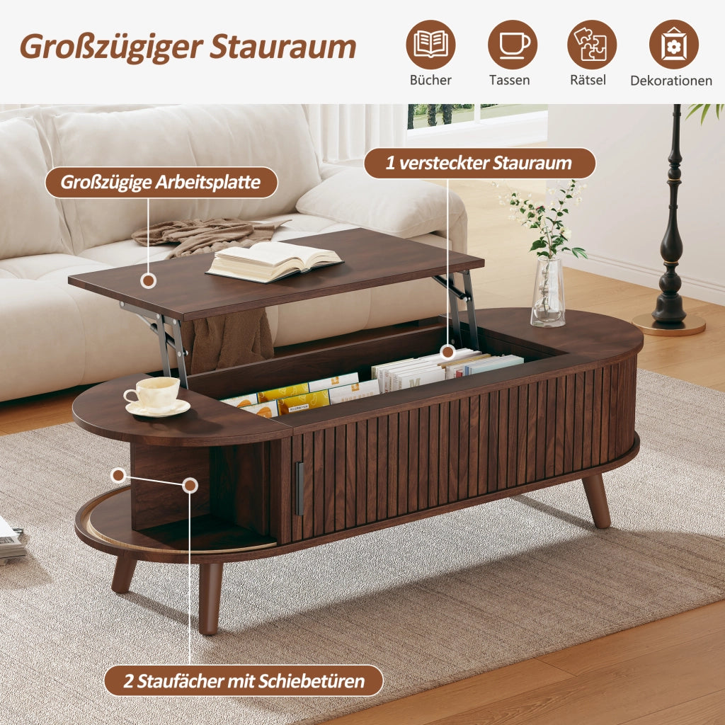 Tavolino basso sollevabile con vano contenitore nascosto e 4 vani, per soggiorno, in MDF, noce, 120 × 50 × 39,5 cm