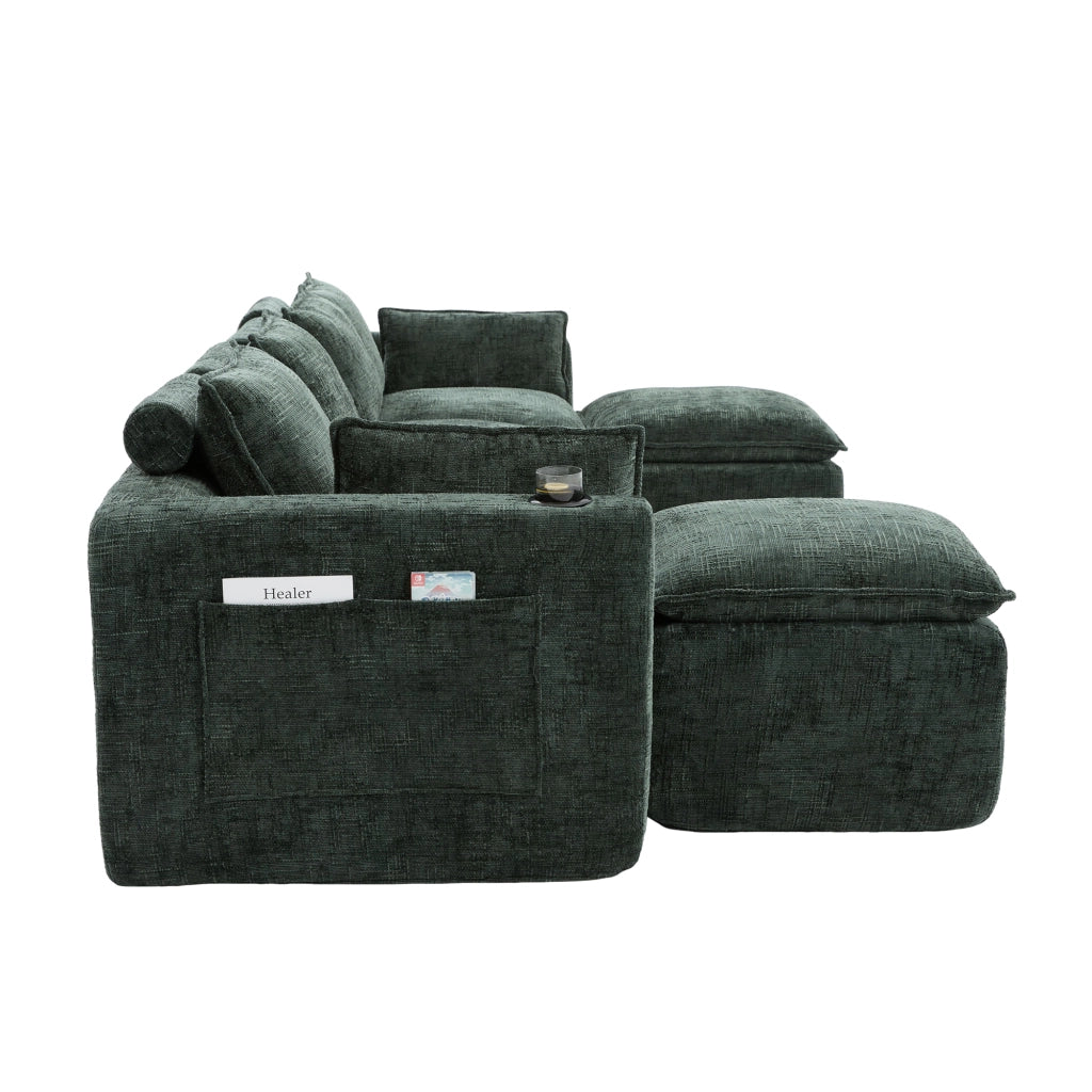 Divano Modulare 4 Posti con Poggiapiedi ¨C MINIMAL ¨C Verde Scuro, Chenille, Cuscini, Portabicchieri
