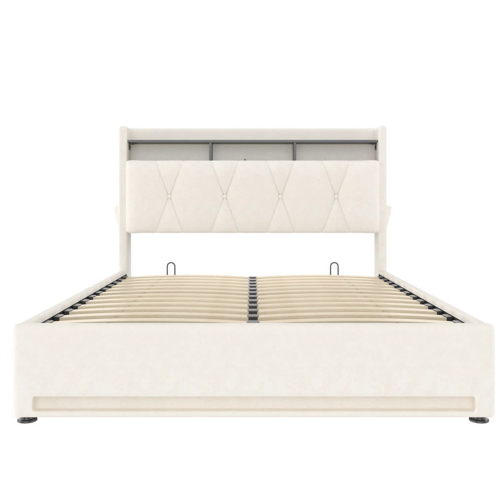 Letto matrimoniale 140x200 cm in velluto beige con contenitore, luci e ricarica integrata