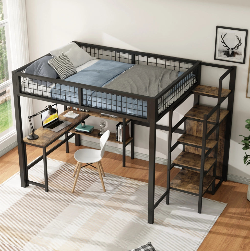 Letto a soppalco 140x200 cm; scrivania e armadio; MDF e metallo; nero e marrone (Senza materasso)