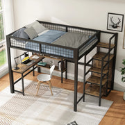 Letto a soppalco 140x200 cm; scrivania e armadio; MDF e metallo; nero e marrone (Senza materasso)