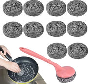 Set di Spugne in Acciaio Inossidabile con Manico - Lotto da 10 - Utensili di Pulizia per la Cucina - Spugne Metalliche per Padelle, Panni, Grills e Forni (18g) Spugne da Pulizia