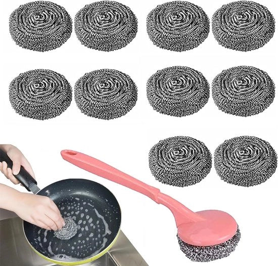 Set di Spugne in Acciaio Inossidabile con Manico - Lotto da 10 - Utensili di Pulizia per la Cucina - Spugne Metalliche per Padelle, Panni, Grills e Forni (18g) Spugne da Pulizia