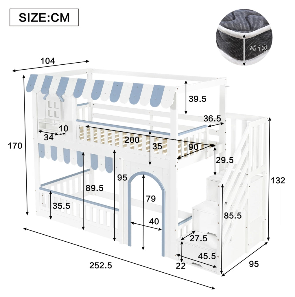 Letto a castello per bambini 90x200 cm bianco e blu con scala