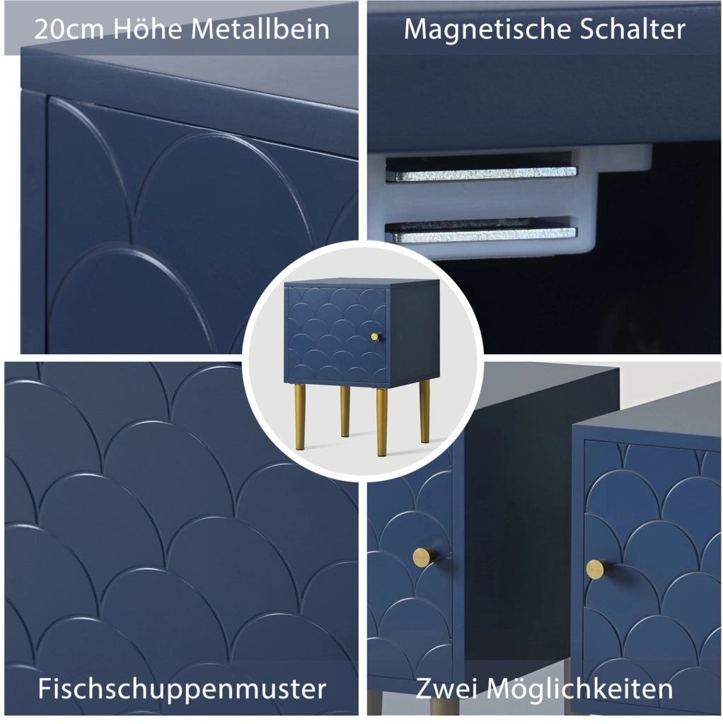 Comodino moderno con anta e motivo a scaglie; 35x35x51 cm; blu navy in legno e metallo