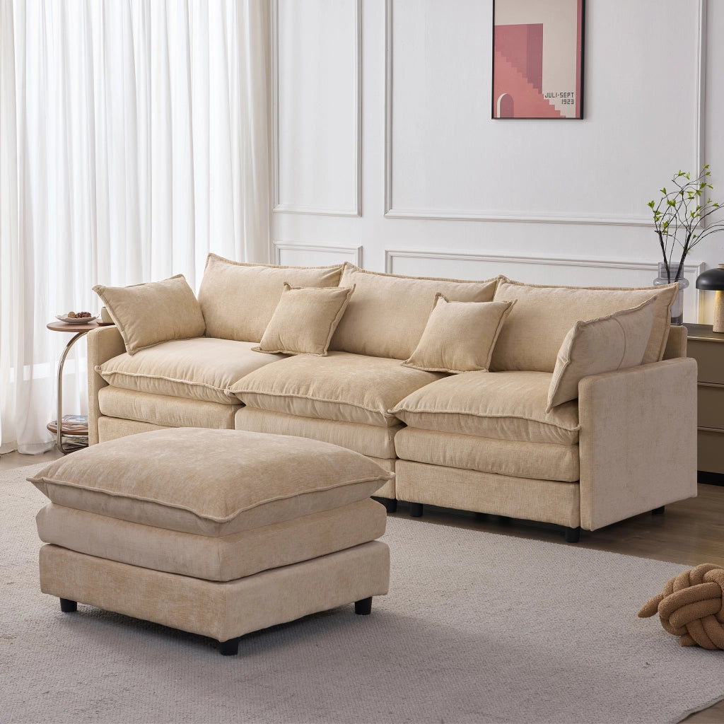 Divano Angolare Modulare 3 Posti con Chaise Longue e Pouf mobile, Cuscini inclusi, in Ciniglia Caffè Chiaro