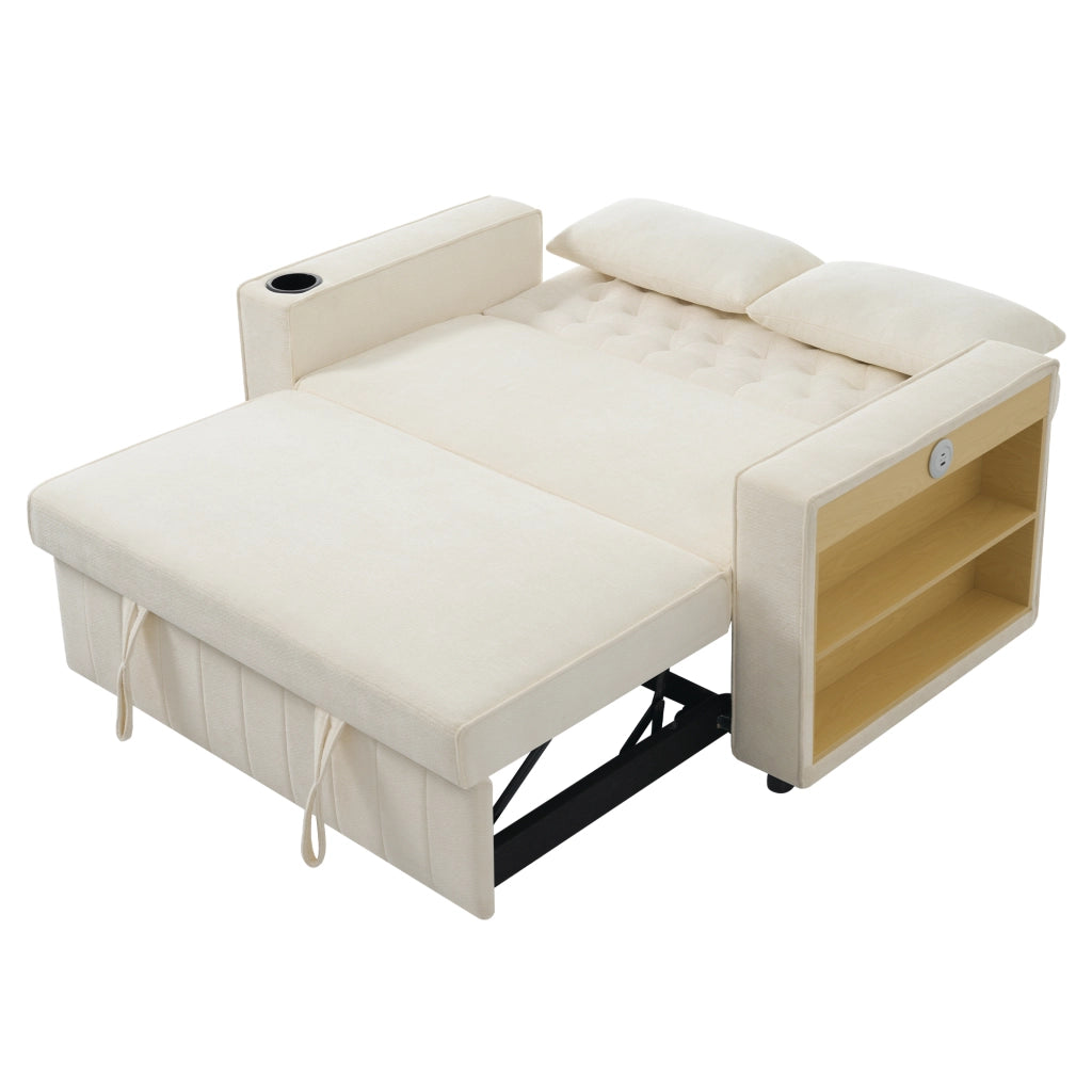 Divano letto 2 posti con schienale regolabile; porte USB; portabicchieri e 2 cuscini in ciniglia beige 140 Ã— 137 Ã— 84 cm