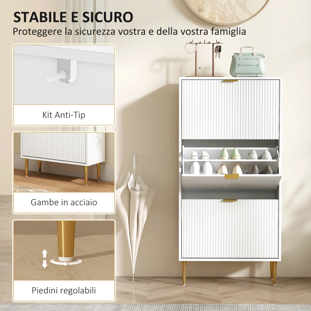 Scarpiera Slim per 18 Paia di Scarpe 60x24x128 cm con 3 Cassetti a Ribalta in MDF Bianco