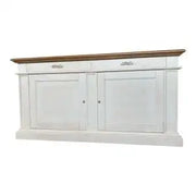 Credenza madia Alberta in legno 2 ante 2 cassetti bianco anticato e noce scuro con rilievo