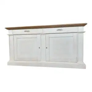 Credenza madia Alberta in legno 2 ante 2 cassetti bianco anticato e noce scuro con rilievo
