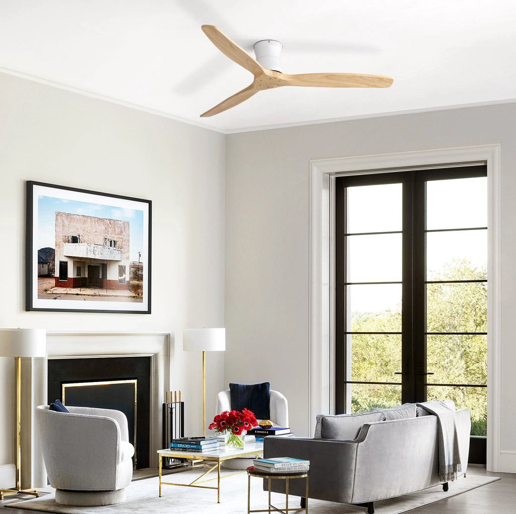 Ventilatore da soffitto bianco con motore DC silenzioso; telecomando e timer