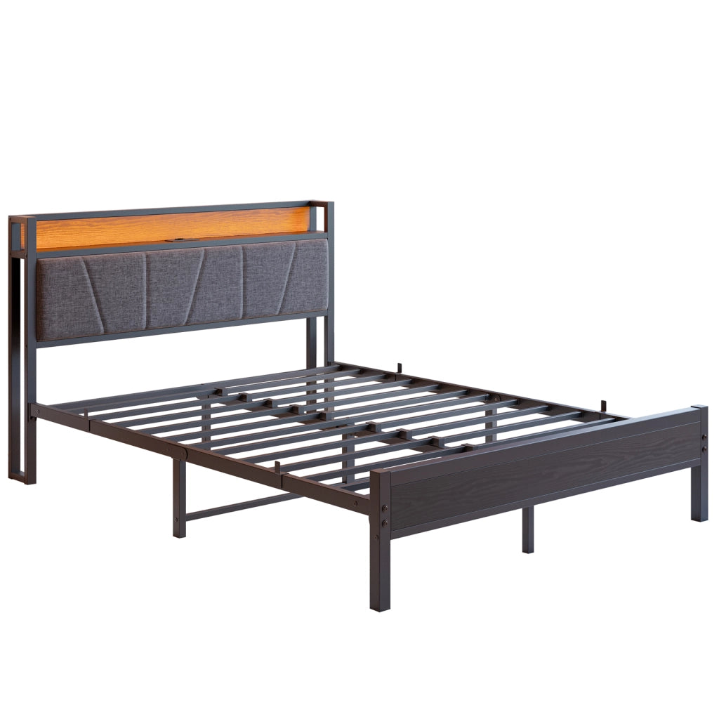 LETTO 140x200 cm in metallo e MDF nero con testiera contenitore e USB