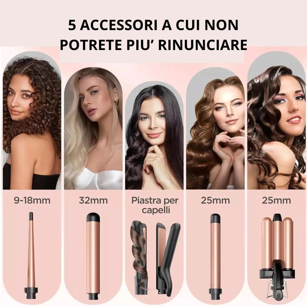 Trade Shop - Set 5in1 Piastra Capelli 3 Coni Arricciacapelli Lisci Onde Ceramica Riscaldamento Rapido -
