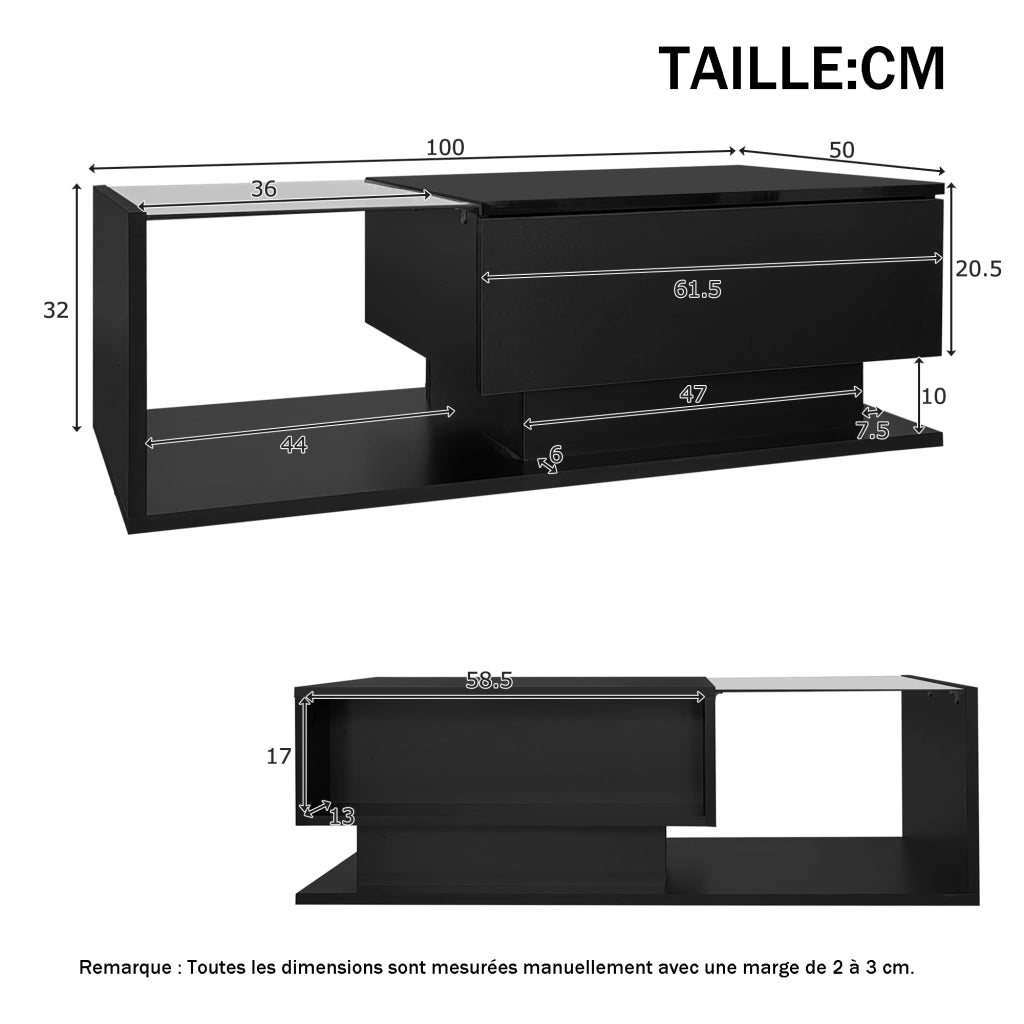 Tavolino da caffè con 1 Cassetto e LED tramite App; Piano in Vetro e Finitura Lucida; in Pannelli di Particelle; 100×50×32 cm; Nero