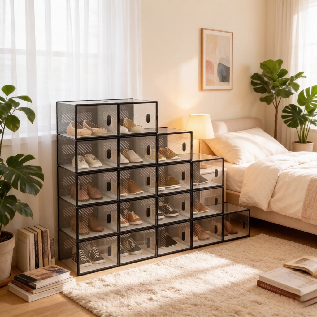 Scatole porta scarpe impilabili in plastica trasparente e nera con 18 box per scarpe per camera da letto e bagno