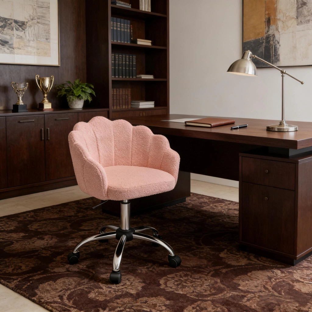 Chaise de bureau girevole in tessuto effetto cashmere con altezza regolabile, base in metallo e ruote silenziose rosa