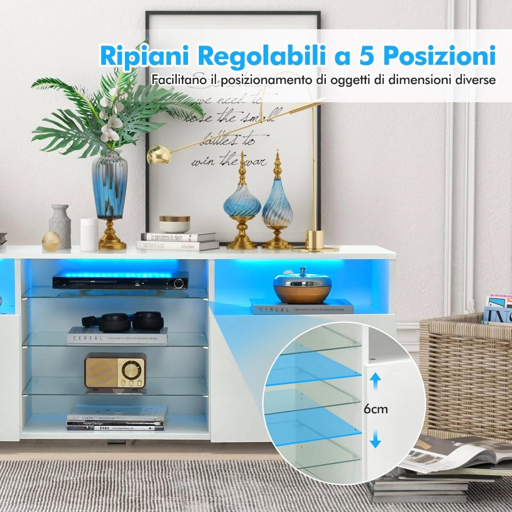 Mobile Porta TV con Luci, Mobile TV per Televisione Fino a 65", Tavolino Multifunzionale da Soggiorno, con Ripiani in Vetro Regolabili, Mobiletto Porta TV a 2 Porte, 146 x 35 x 53 cm