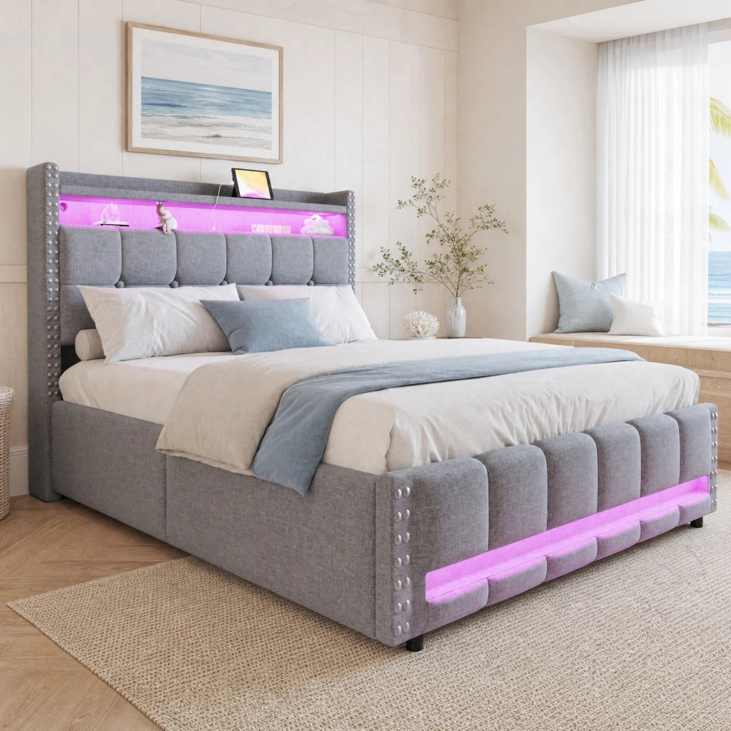 Letto imbottito 140x200 cm grigio chiaro, struttura in legno e metallo con LED e USB