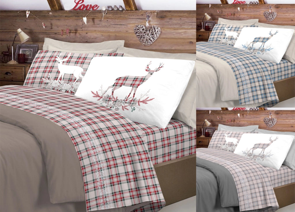 Completo Lenzuola Flanella Pensieri Delicati 100% Cotone Disegno Cervo Tartan - Matrimoniale - Beige