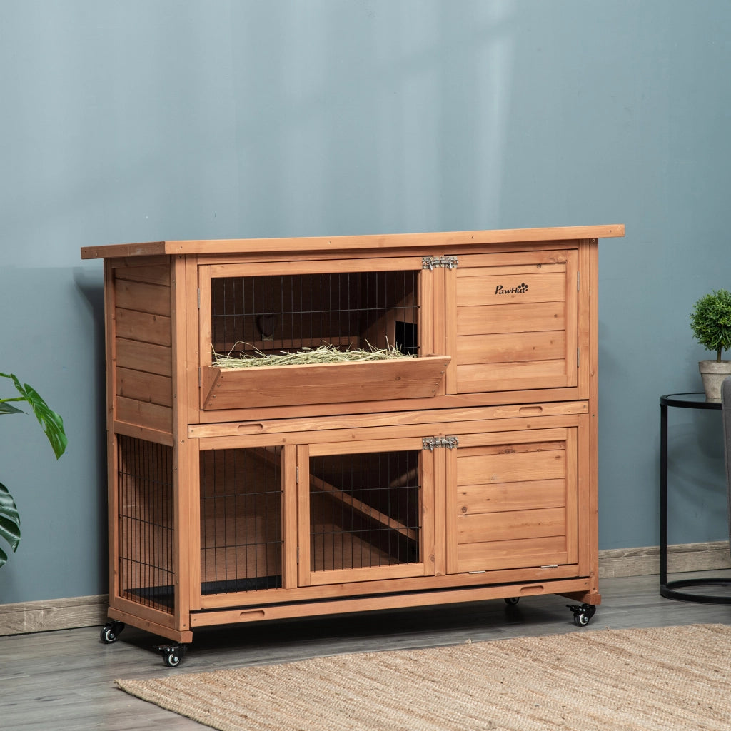 Conigliera in Legno a 2 Livelli con Ruote ¨C Zephmum ¨C 122x50x101cm