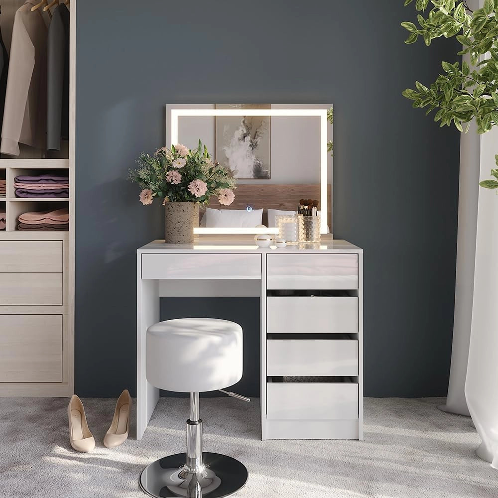 Tavolo da toeletta Sherry, Bianco/bianco lucido, 89.8 cm con specchio LED e sgabello