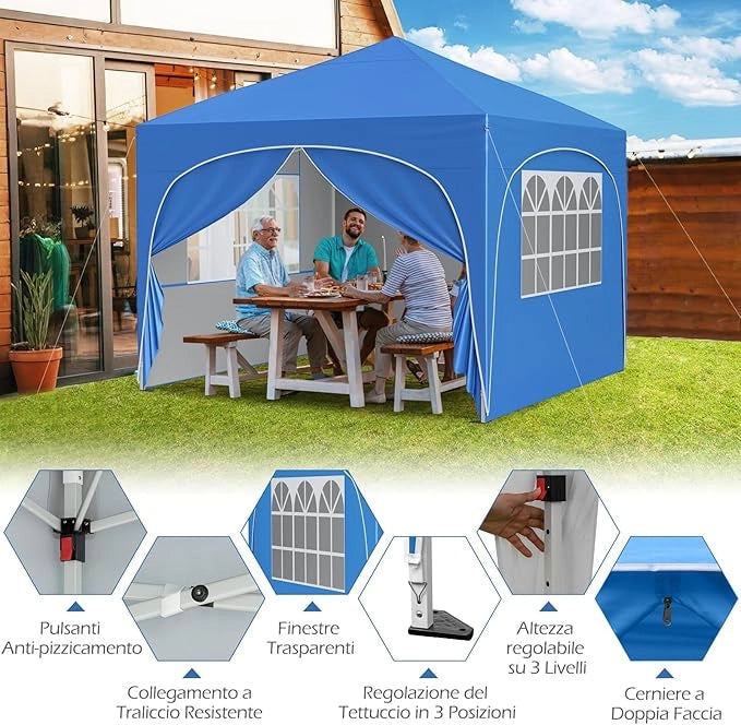 Gazebo Piehevole da Esterno 3 x 3 m, Gazebo Regolabile in Altezza con Pareti Rimovibili, Borsa con Ruote, Picchetti, Ancoraggi, Corde Vento e Sacchi di Sabbia, Tendone per Giardino (Blu)