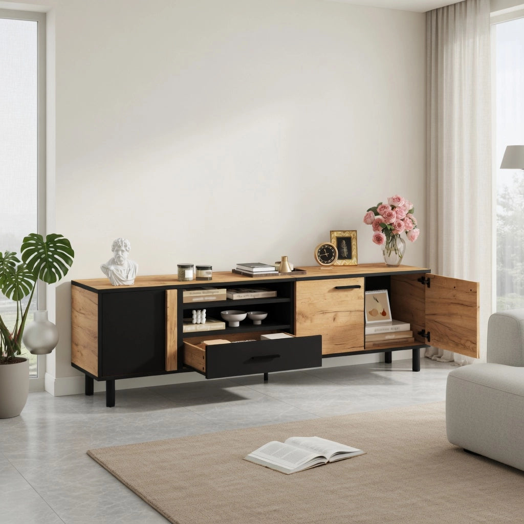 Cassettiera TV nero e finitura legno; in truciolare; lunghezza 180 cm