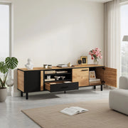Cassettiera TV nero e finitura legno; in truciolare; lunghezza 180 cm