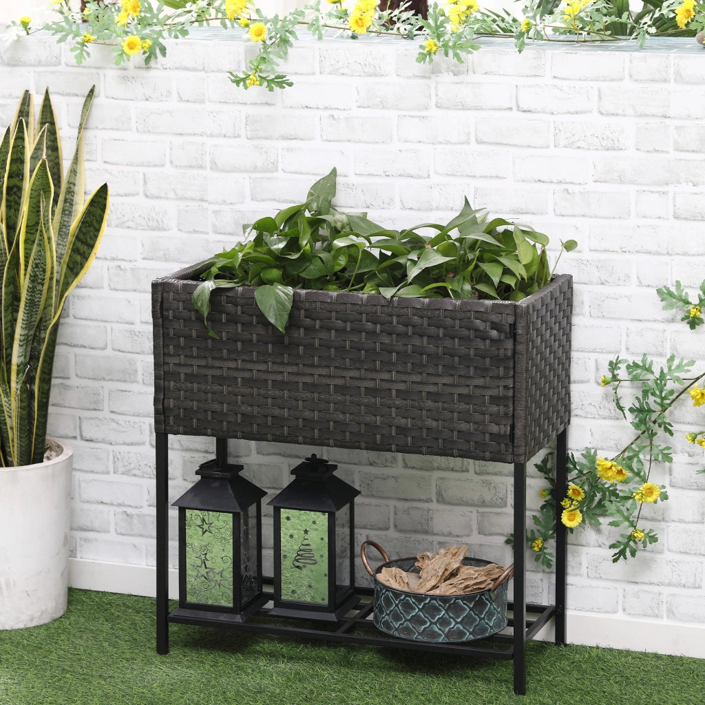 Fioriera rialzata in polyrattan con ripiano, 70 x 30 x 72 cm, marrone