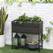 Fioriera rialzata in polyrattan con ripiano, 70 x 30 x 72 cm, marrone