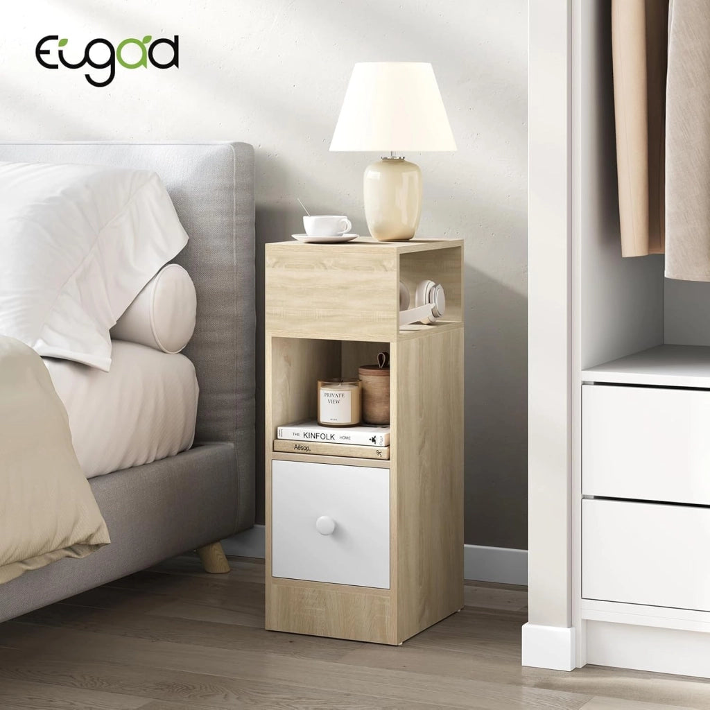 Set di 2 Comodino Stretto, Comodino con 2 Scomparti a Giorno e Cassetto, Tavolino da Notte 25x30x66cm, Mobile Salvaspazio per Camera da Letto, Soggiorno, in Truciolato, Rovere, 0192ZZ-2