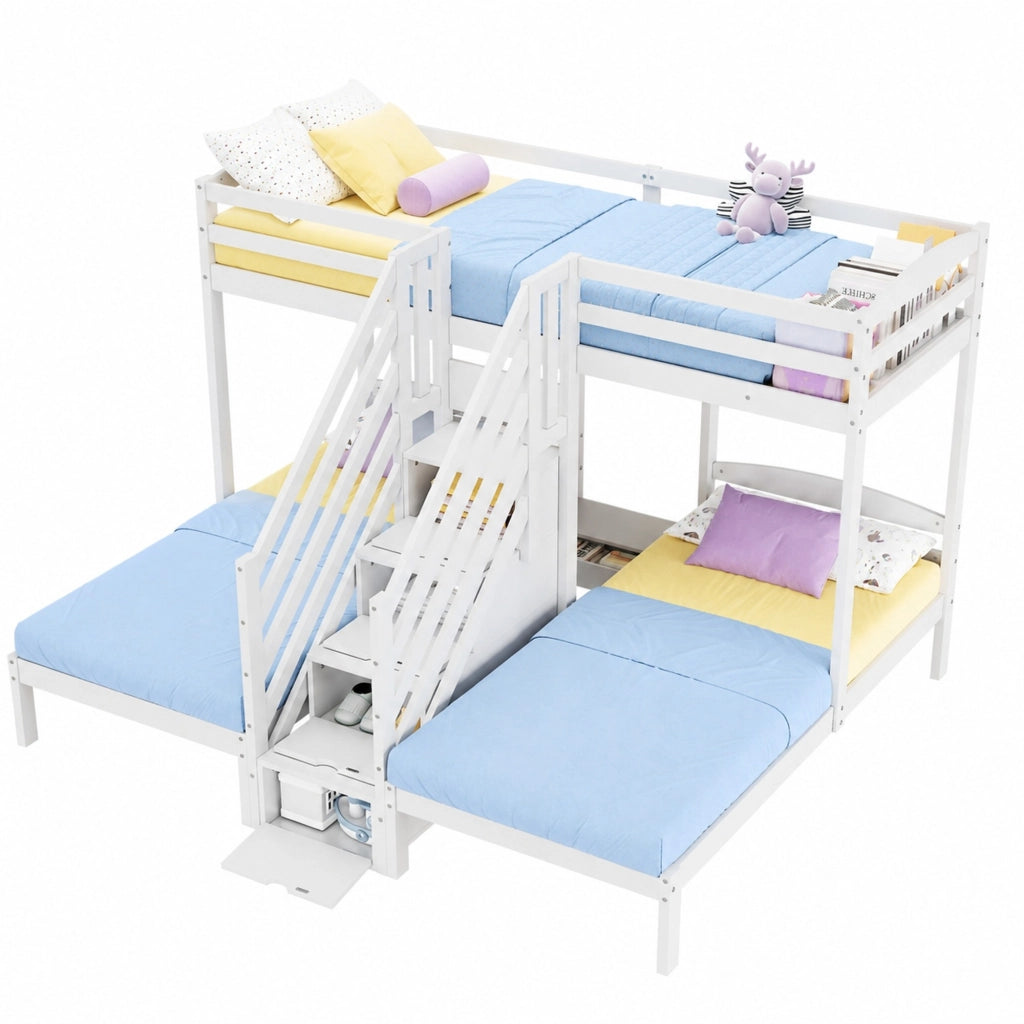 Letto a castello triplo 90x200 cm in pino con scala contenitiva e sponde, bianco