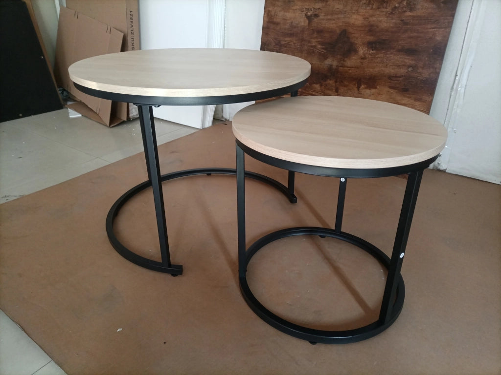 TAVOLINI DA SALOTTO Set da 2 pezzi rotondi 60/40 cm effetto rovere metallo nero