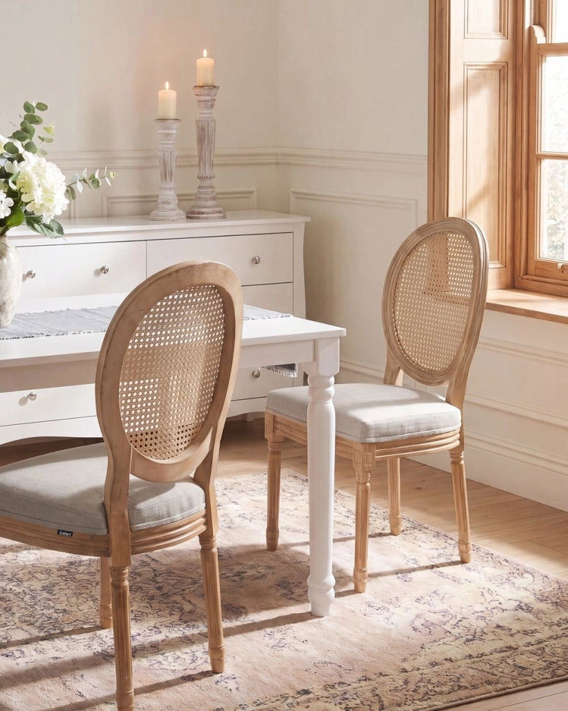 Set di 2 sedie da pranzo con struttura in legno e rivestimento in tessuto marrone chiaro e beige in stile country con intreccio viennese