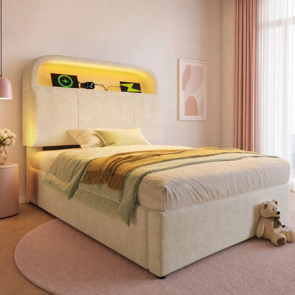 LETTO con testiera regolabile e portaoggetti 90x200 cm in velluto beige