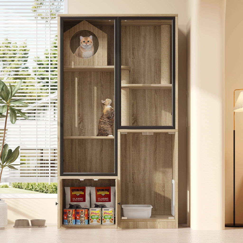 Mobile contenitore per gatti a più livelli con porta bloccabile e vetro, per interni, naturale, 90 × 50 × 160 cm