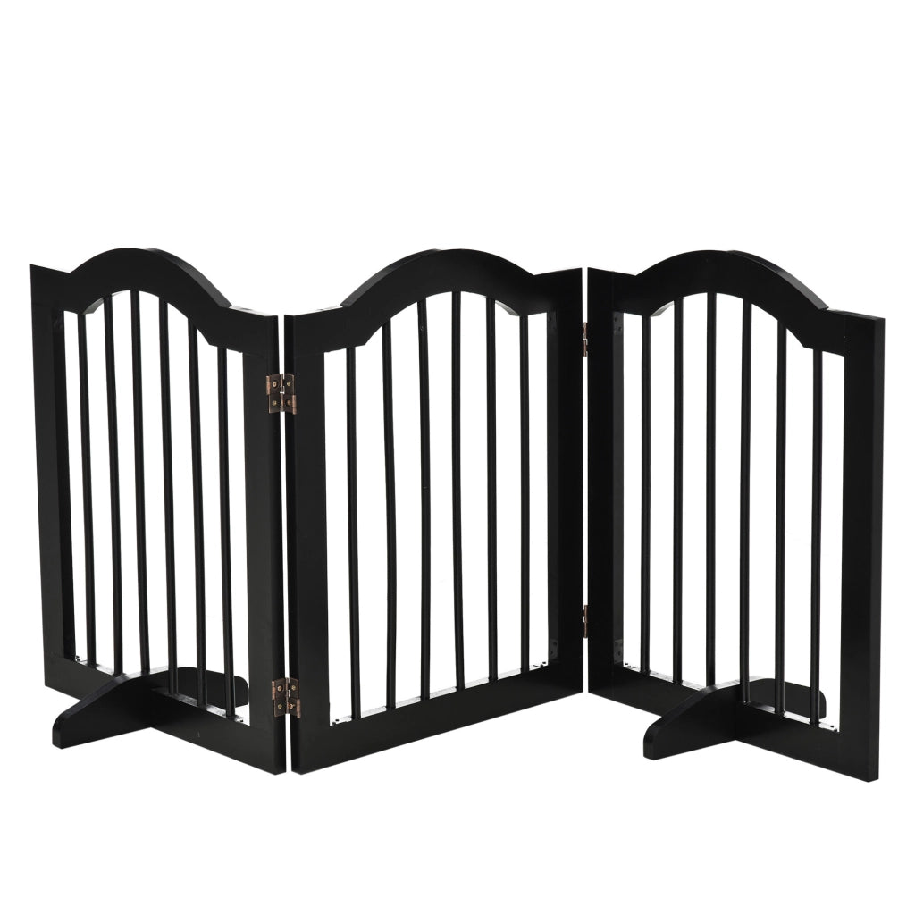 Cancelletto per cani pieghevole a 3 pannelli con piedini di supporto in legno nero per porte e scale 154,5 × 61 cm