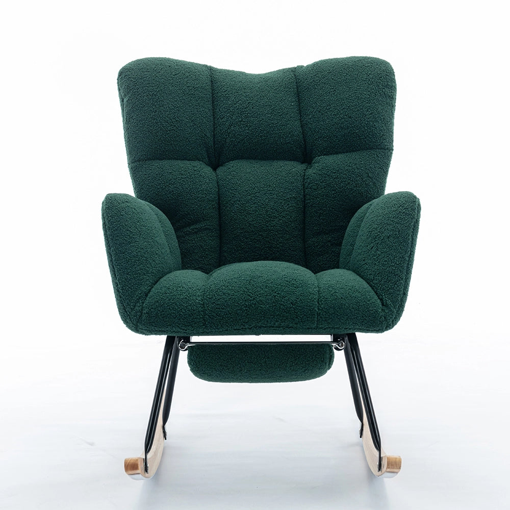 Sedia a dondolo moderna con imbottitura e tessuto peluche - Xylo - Verde con poggiapiedi estensibile