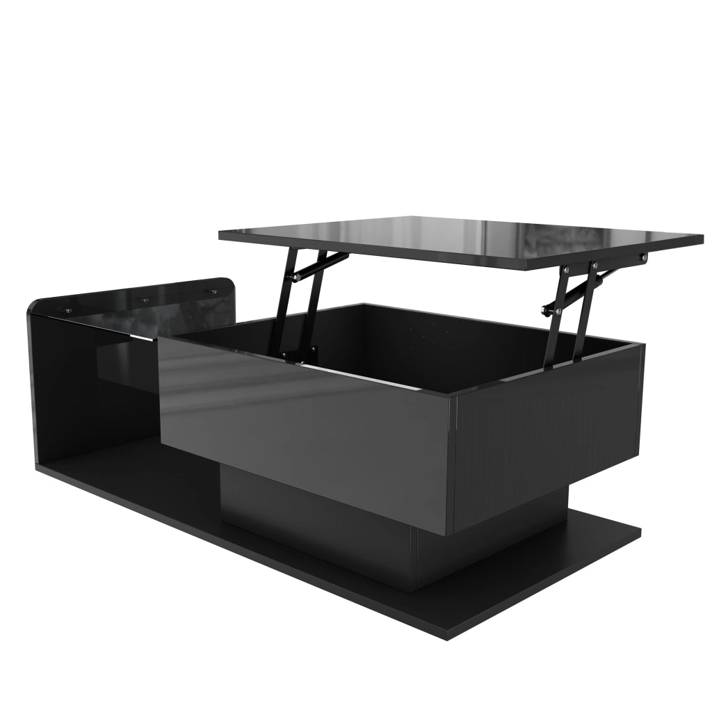 Tavolino da caffè 100x50x33 e 47.5 cm; piano sollevabile con luci LED; pannello truciolare nero