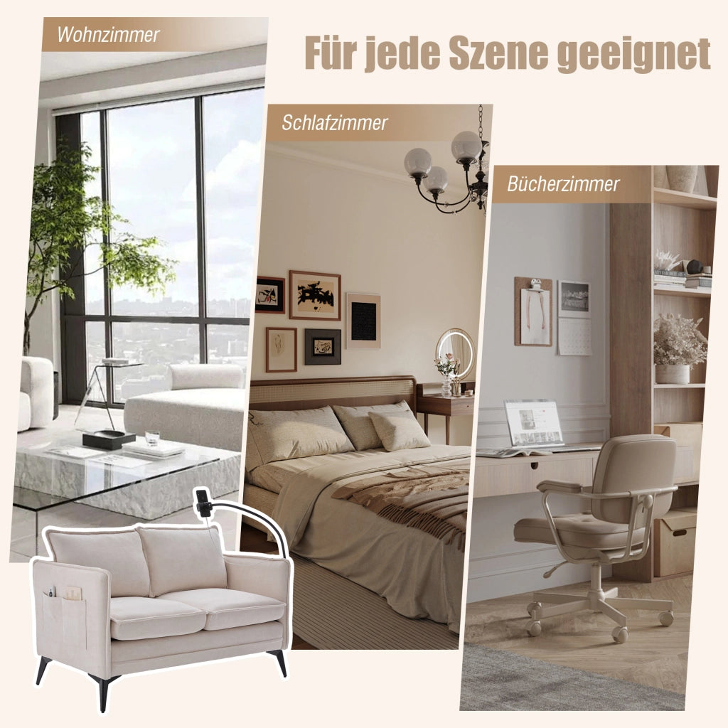 Divano 2 Posti con Tasche Laterali e Supporto per Telefono Regolabile in Ciniglia Beige 127 × 69 × 66 cm