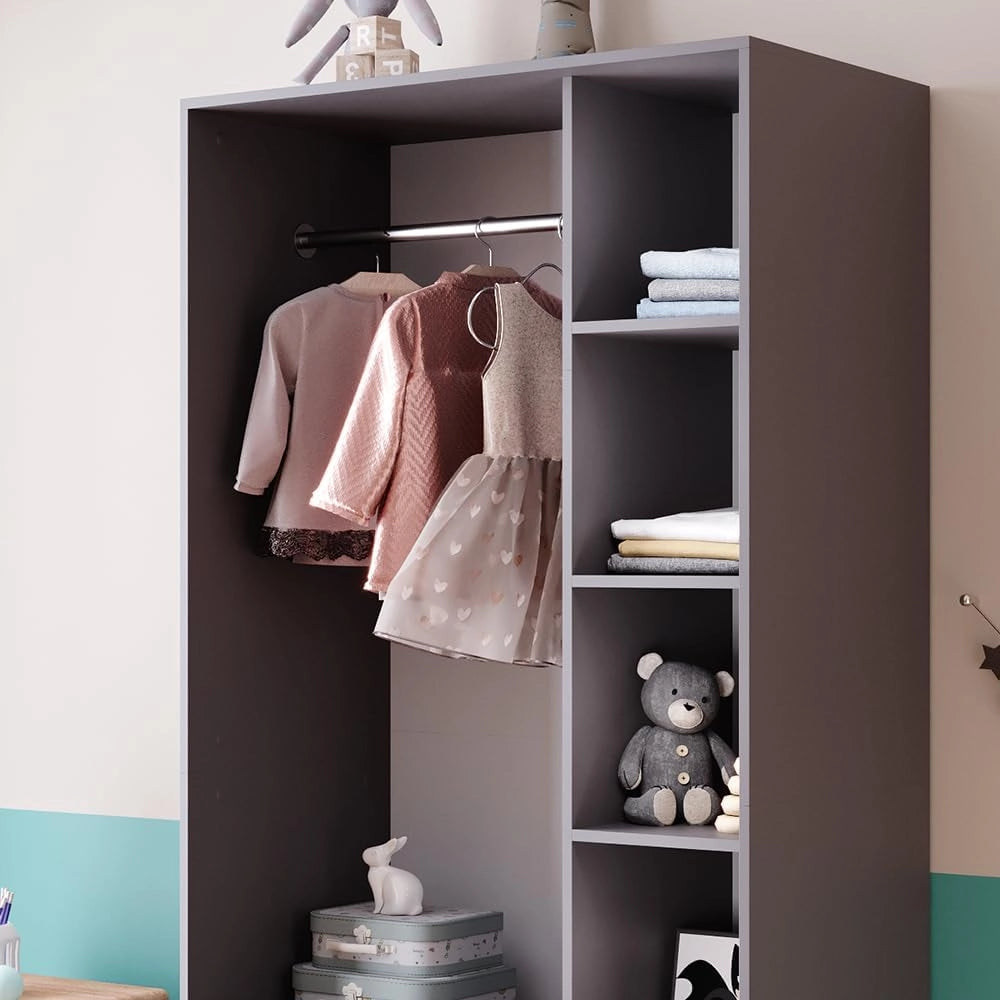 Armadio per bambini Elmo, Antracite, 100 x 200 cm con 2 cassetti, combinabile per riporre abiti e giocattoli