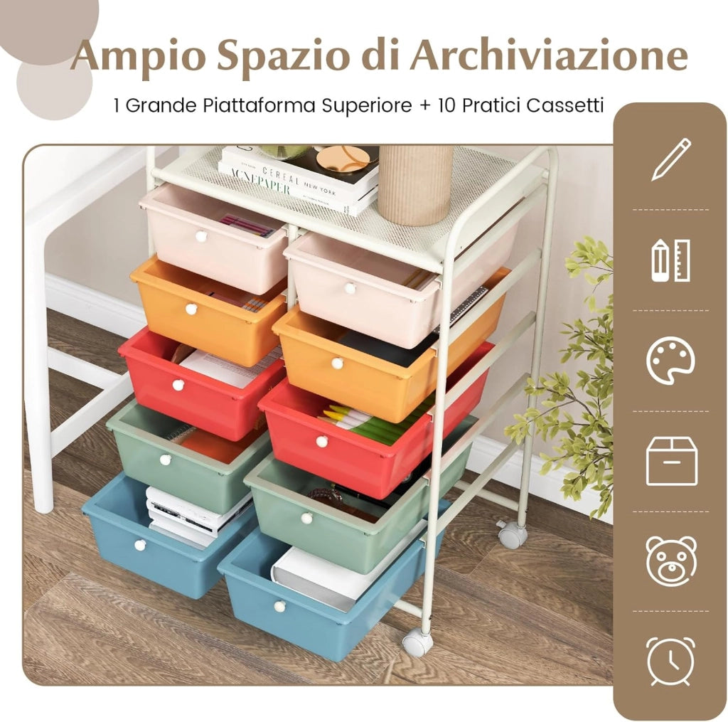 Carrello a 10 Cassetti con Ruote, di Stoccaggio con Stabilità Elevata, Multiuso per Casa Ufficio e Scuola, 65,5 x 37 x 87 cm (Bianco)