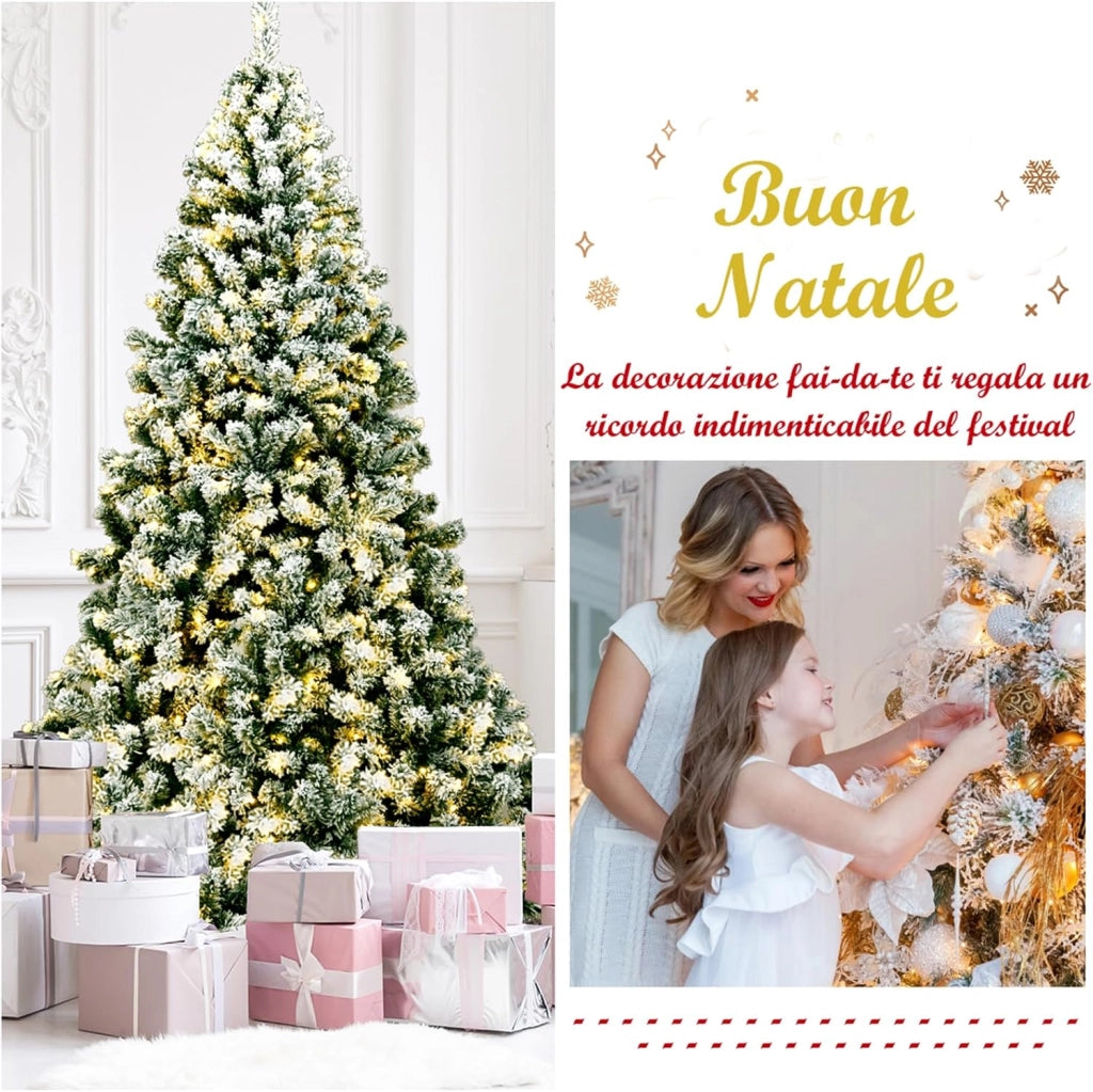 Albero di Natale Innevato 135/180/230 cm, Albero di Natale con 200/250/550 Luci LED Bianche Calde, 400/928/1346 Rami, Base in Metallo, Decorazione Natalizia per Casa e Negozio (230 cm)